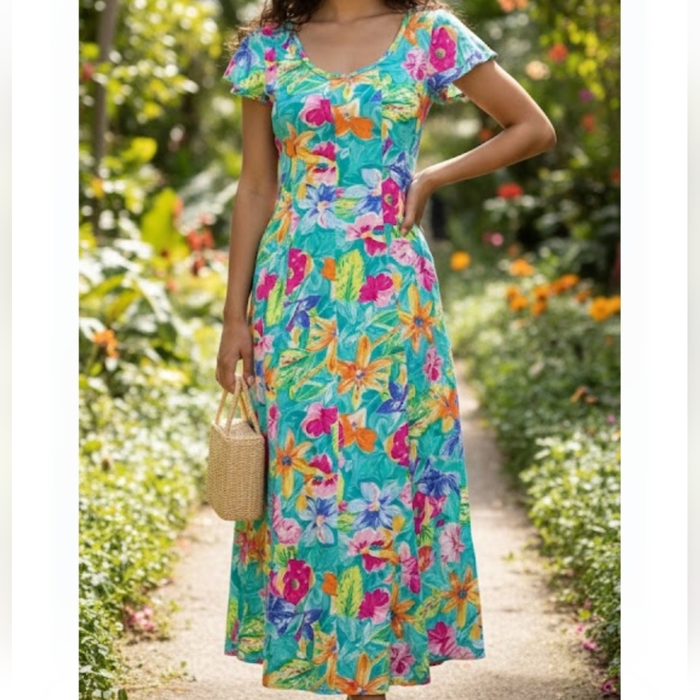 Vtg 80's/90's Jams World Bright Floral Tropical Print Back Tie Sash Midi Dress S - Picture 2 of 14